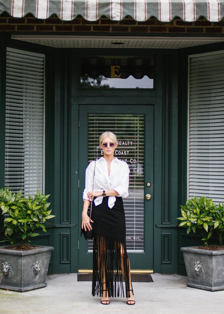 Black Fringe Skirt Dress with White Button Up // Charleston Blogger Dannon Almost Happening