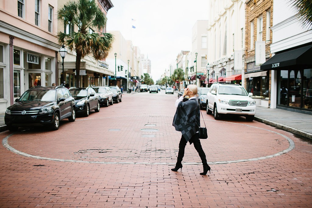 Christmas Wrappings J. McClaughlin Gray Plaid Poncho H&M thigh High Boots Winter 2015 // Charleston Fashion Blogger Dannon Almost Happening