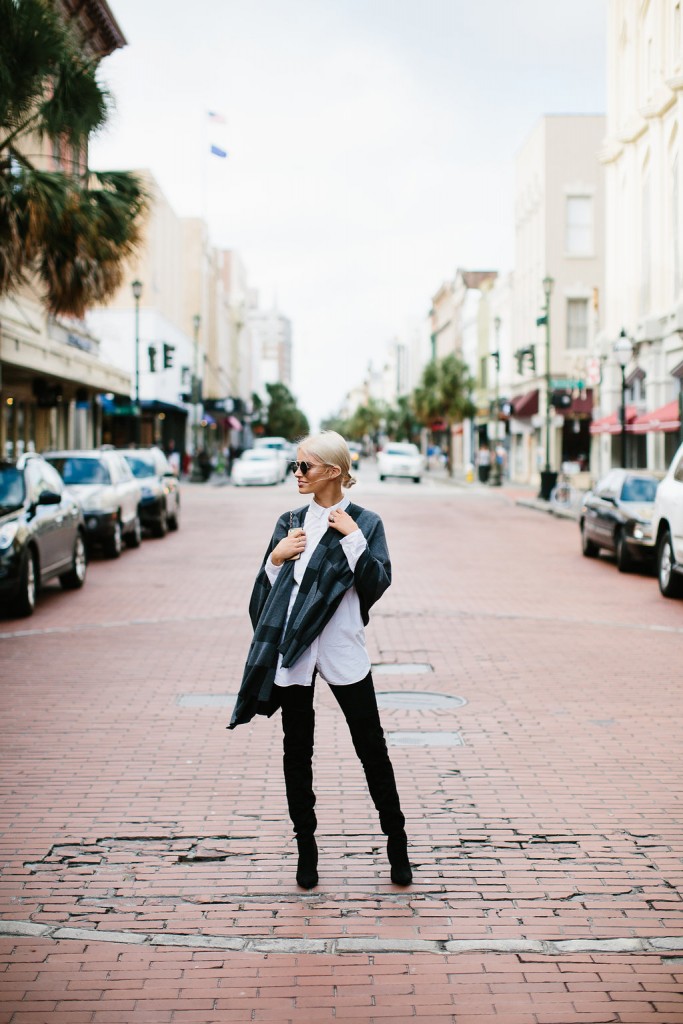 Christmas Wrappings J. McClaughlin Gray Plaid Poncho H&M thigh High Boots Winter 2015 // Charleston Fashion Blogger Dannon Almost Happening