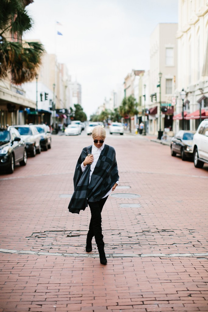 Christmas Wrappings J. McClaughlin Gray Plaid Poncho H&M thigh High Boots Winter 2015 // Charleston Fashion Blogger Dannon Almost Happening