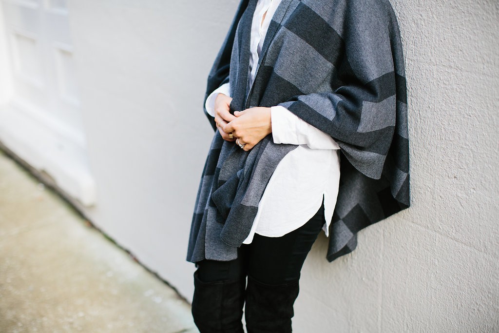 Christmas Wrappings J. McClaughlin Gray Plaid Poncho H&M thigh High Boots Winter 2015 // Charleston Fashion Blogger Dannon Almost Happening