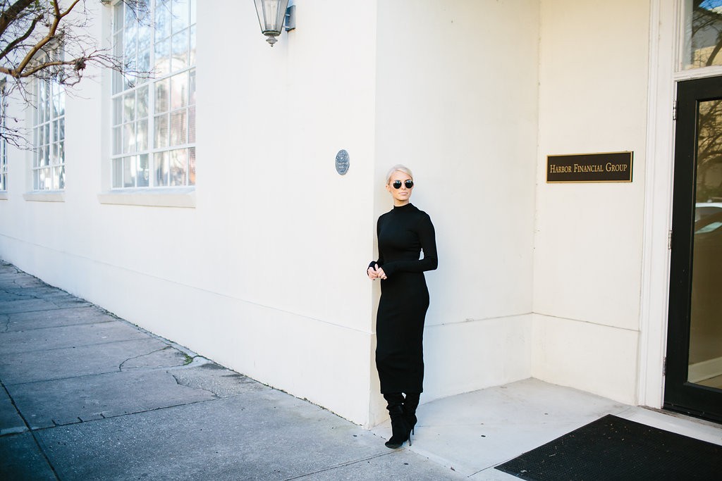 Posh black long sleeve turtleneck dress H&M suede thigh high boots // Charleston Fashion Blogger Dannon Almost Happening