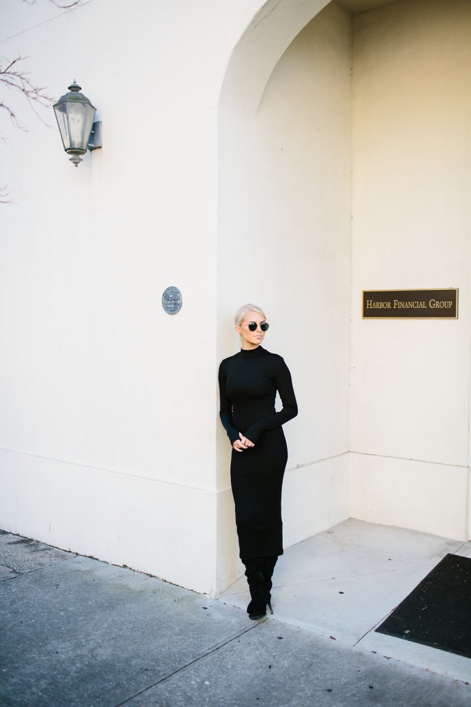 Posh black long sleeve turtleneck dress H&M suede thigh high boots // Charleston Fashion Blogger Dannon Almost Happening