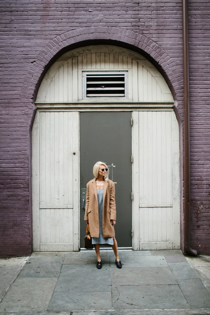 Dress Down Grey V Neck Sweater Dress Loafers Camel Coat Fashion Trends 2016 // Charleston Fashion Blogger Dannon Almost Happening