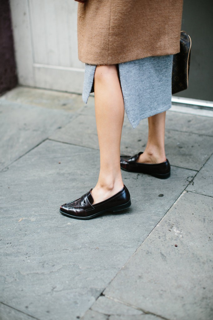 Dress Down Grey V Neck Sweater Dress Loafers Camel Coat Fashion Trends 2016 // Charleston Fashion Blogger Dannon Almost Happening