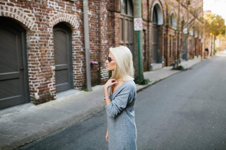 Dress Down Grey V Neck Sweater Dress Loafers Camel Coat Fashion Trends 2016 // Charleston Fashion Blogger Dannon Almost Happening