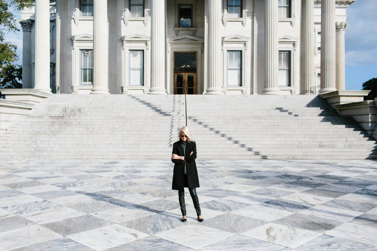 Layered in Charcoal Cmeo Collective Sleeveless Jumper Sweater Forever 21 Black Coat H&M leather pants D’orsay pointed flats // Charleston Fashion Blogger Dannon Almost Happening