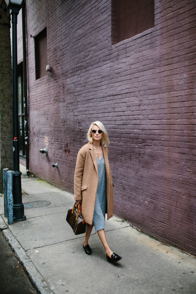Dress Down Grey V Neck Sweater Dress Loafers Camel Coat Fashion Trends 2016 // Charleston Fashion Blogger Dannon Almost Happening