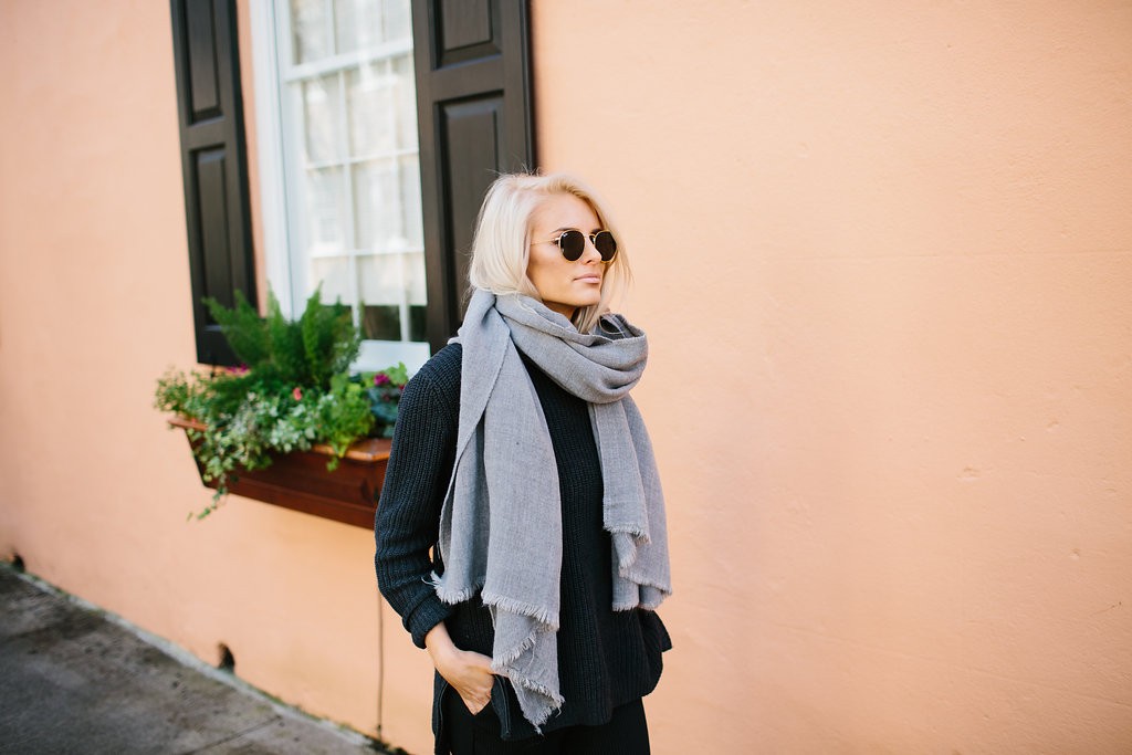 Charleston Strolls Forever 21 Navy knit Sweater Oversized Scarf Pinstripe Pants Zara ankle boots // Charleston Fashion Blogger Dannon Almost Happening