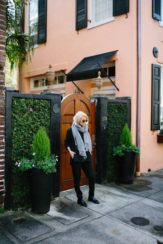 Charleston Strolls Forever 21 Navy knit Sweater Oversized Scarf Pinstripe Pants Zara ankle boots // Charleston Fashion Blogger Dannon Almost Happening
