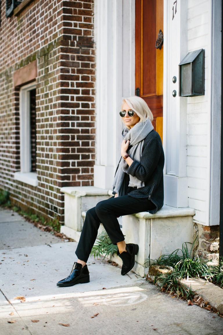 Charleston Strolls Forever 21 Navy knit Sweater Oversized Scarf Pinstripe Pants Zara ankle boots // Charleston Fashion Blogger Dannon Almost Happening