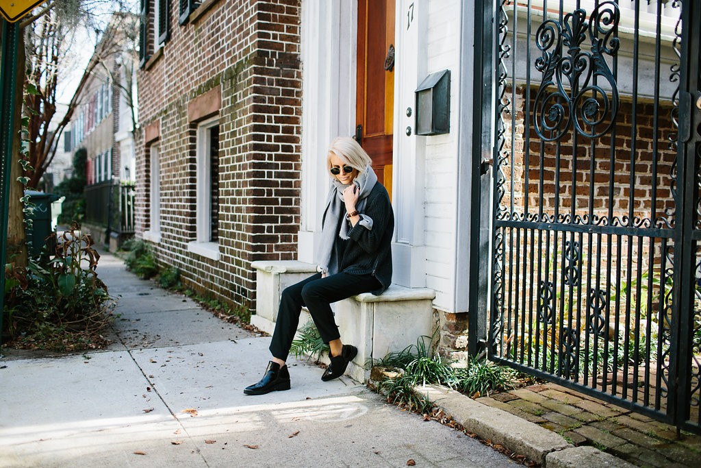 Charleston Strolls Forever 21 Navy knit Sweater Oversized Scarf Pinstripe Pants Zara ankle boots // Charleston Fashion Blogger Dannon Almost Happening