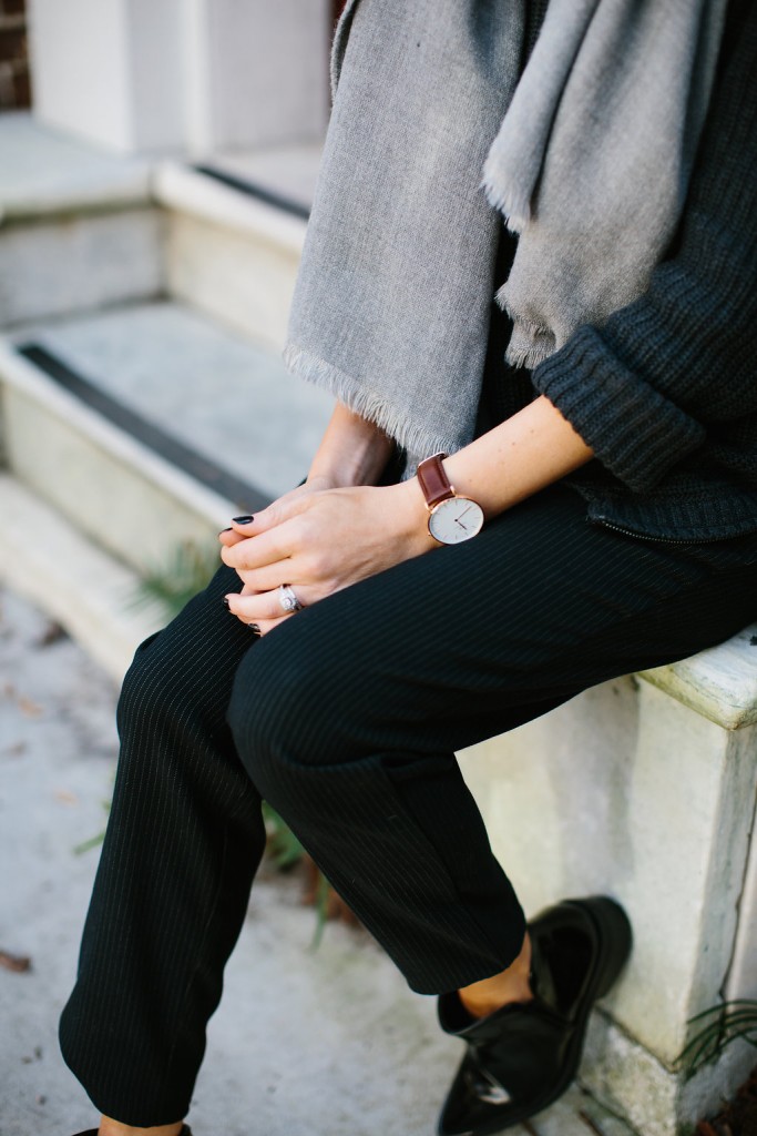 Charleston Strolls Forever 21 Navy knit Sweater Oversized Scarf Pinstripe Pants Zara ankle boots // Charleston Fashion Blogger Dannon Almost Happening