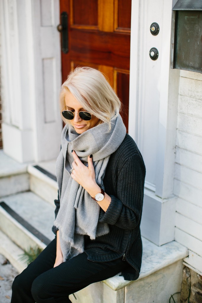 Charleston Strolls Forever 21 Navy knit Sweater Oversized Scarf Pinstripe Pants Zara ankle boots // Charleston Fashion Blogger Dannon Almost Happening