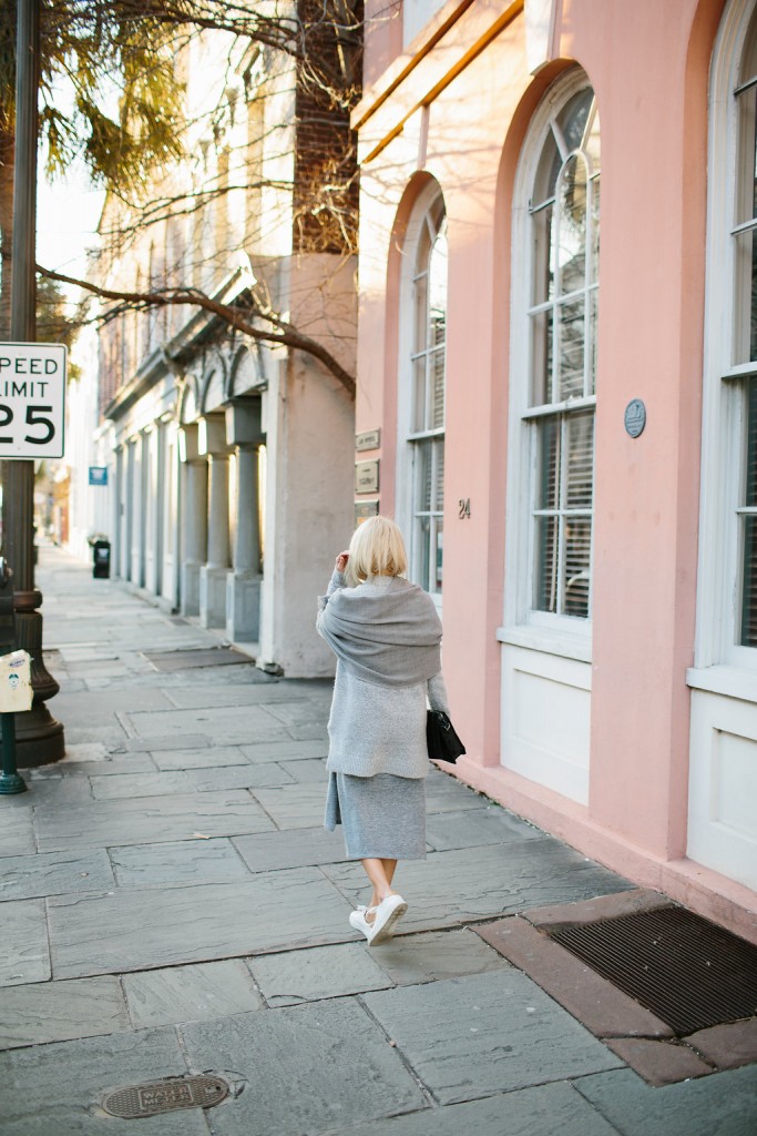 Grey Layers Forever 21 Sweater Dress Side Oversized Scarf Slits H&M white sneakers // Charleston Fashion Blogger Dannon Almost Happening
