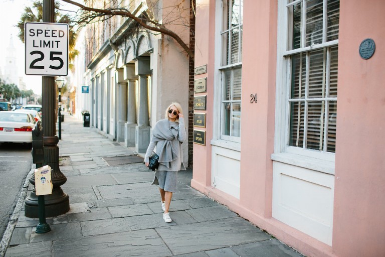 Grey Layers Forever 21 Sweater Dress Side Oversized Scarf Slits H&M white sneakers // Charleston Fashion Blogger Dannon Almost Happening