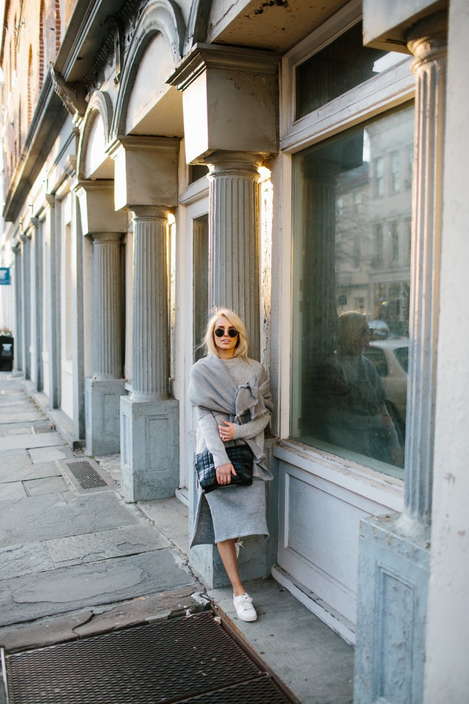 Grey Layers Forever 21 Sweater Dress Side Oversized Scarf Slits H&M white sneakers // Charleston Fashion Blogger Dannon Almost Happening