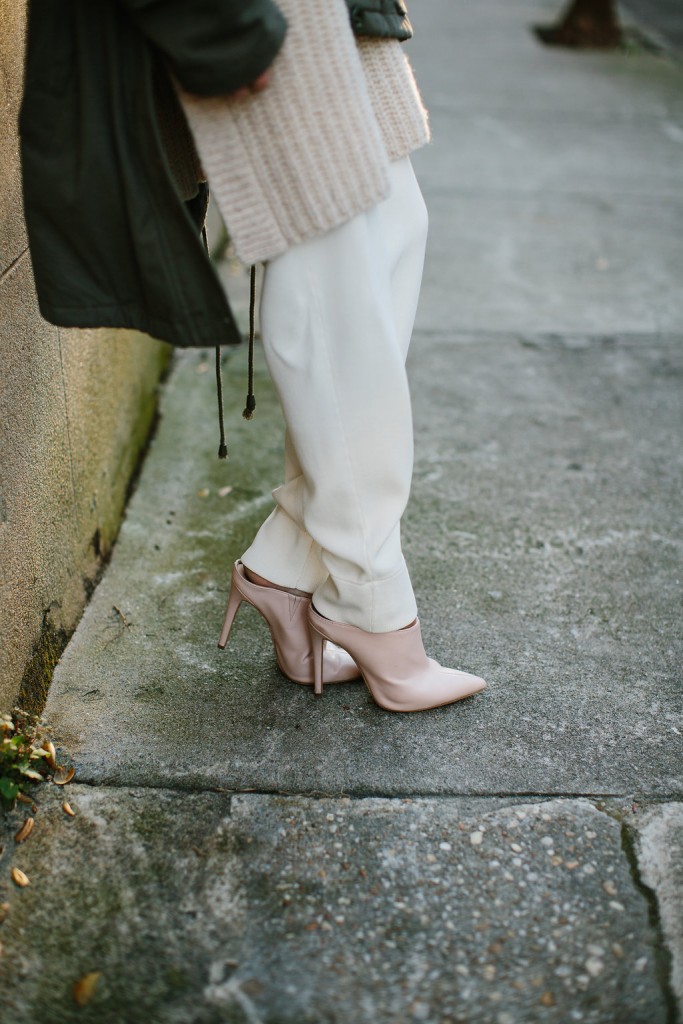 Winter Transitions Ganni Sleeveless Jumper H&M Studio AW15 White Ribbed Relaxed pants Olive Parka Bomber Jacket Nude Pointed Mules // Charleston Fashion Blogger Dannon Almost Happening