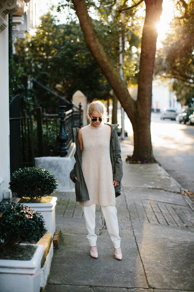 Winter Transitions Ganni Sleeveless Jumper H&M Studio AW15 White Ribbed Relaxed pants Olive Parka Bomber Jacket Nude Pointed Mules // Charleston Fashion Blogger Dannon Almost Happening