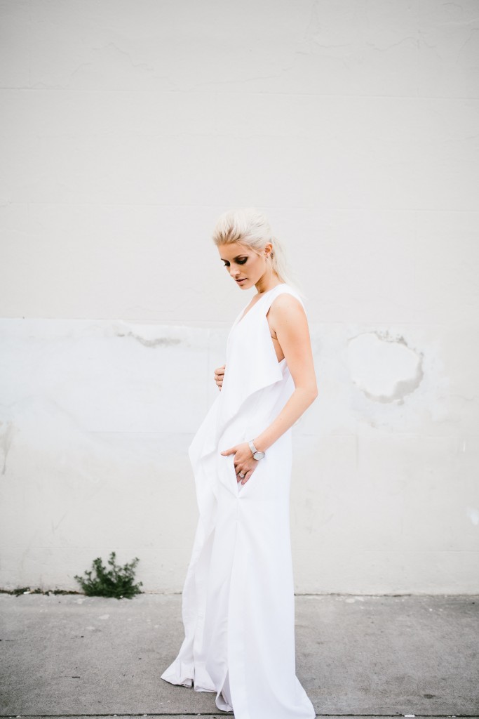 CFW Finale Charles Morgan Charleston Fashion Week 2016 Street style white ruffle dress trouser wide leg pants half up half down tousled hair kelli hoff // Charleston Fashion Blogger Dannon Almost Happening