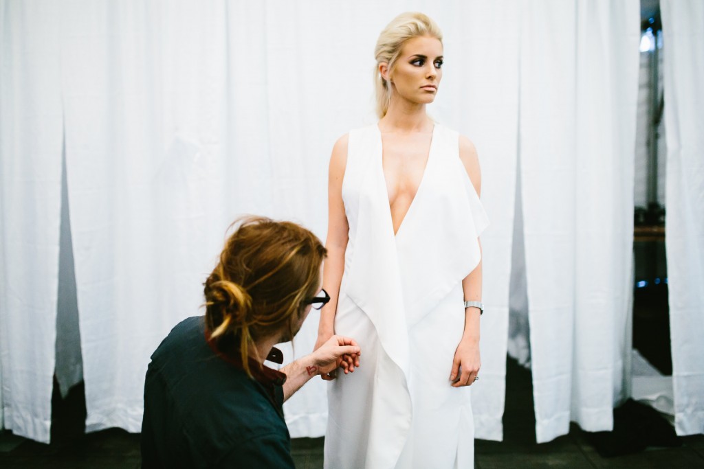 CFW Finale Charles Morgan Charleston Fashion Week 2016 Street style white ruffle dress trouser wide leg pants half up half down tousled hair kelli hoff // Charleston Fashion Blogger Dannon Almost Happening