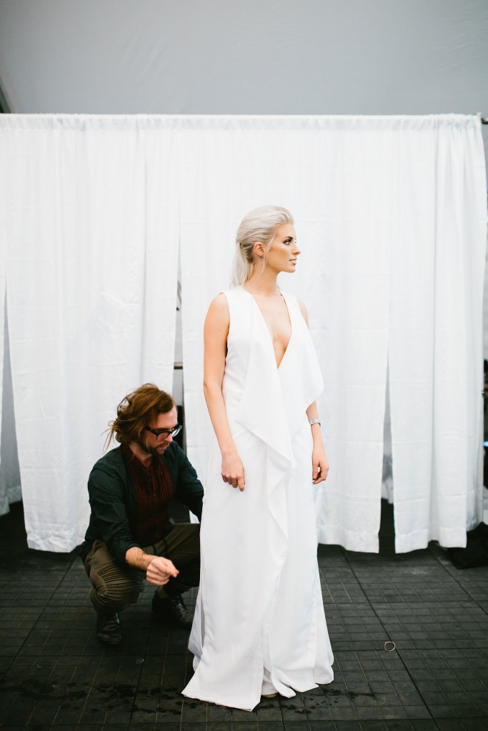 CFW Finale Charles Morgan Charleston Fashion Week 2016 Street style white ruffle dress trouser wide leg pants half up half down tousled hair kelli hoff // Charleston Fashion Blogger Dannon Almost Happening