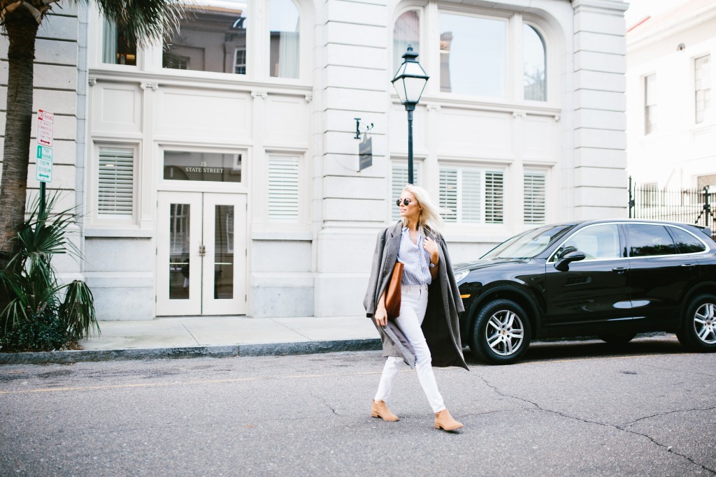 Madewell Denim Rules White high riser skinny jeans thrifted grey oversized coat central stripe chambray short sleeve top tan suede ankle boots daniel wellington watch Spring 2016 // Charleston Fashion Blogger Dannon Almost Happening