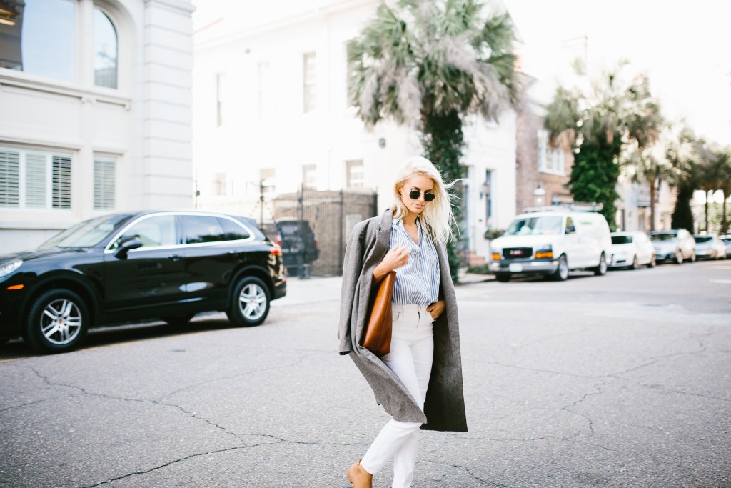 Madewell Denim Rules White high riser skinny jeans thrifted grey oversized coat central stripe chambray short sleeve top tan suede ankle boots daniel wellington watch Spring 2016 // Charleston Fashion Blogger Dannon Almost Happening