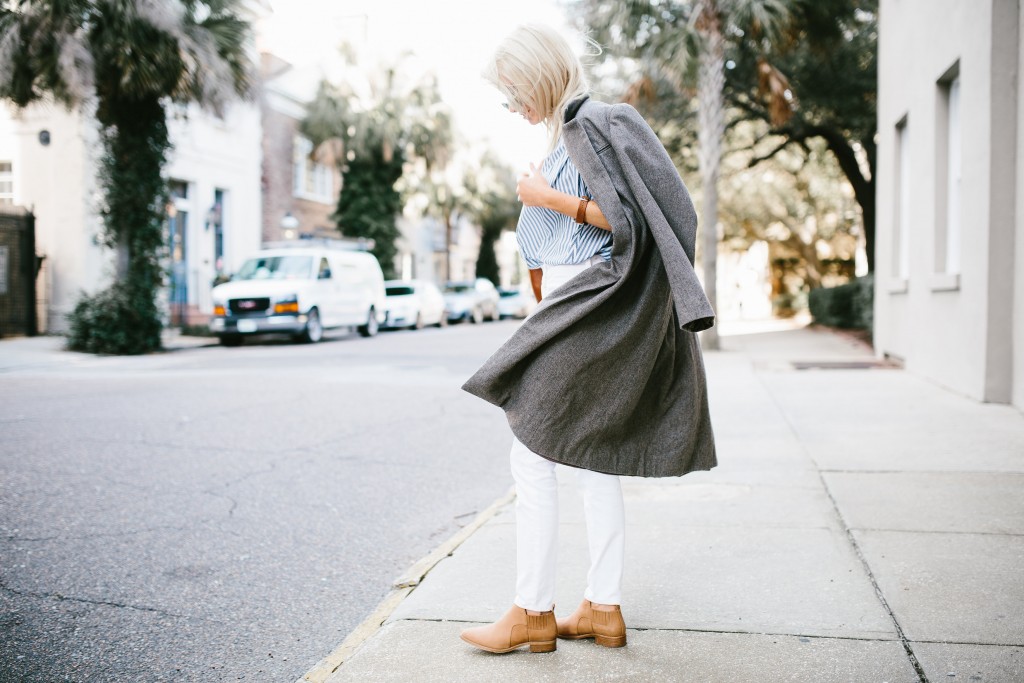 Madewell Denim Rules White high riser skinny jeans thrifted grey oversized coat central stripe chambray short sleeve top tan suede ankle boots daniel wellington watch Spring 2016 // Charleston Fashion Blogger Dannon Almost Happening