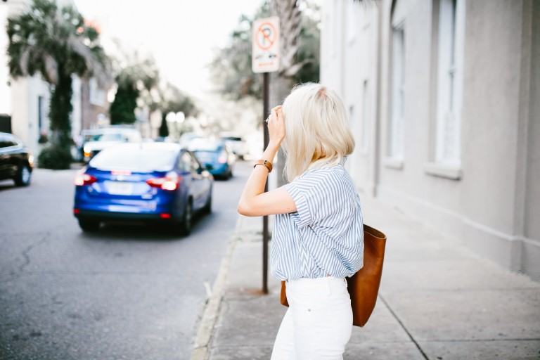 Madewell Denim Rules White high riser skinny jeans thrifted grey oversized coat central stripe chambray short sleeve top tan suede ankle boots daniel wellington watch Spring 2016 // Charleston Fashion Blogger Dannon Almost Happening
