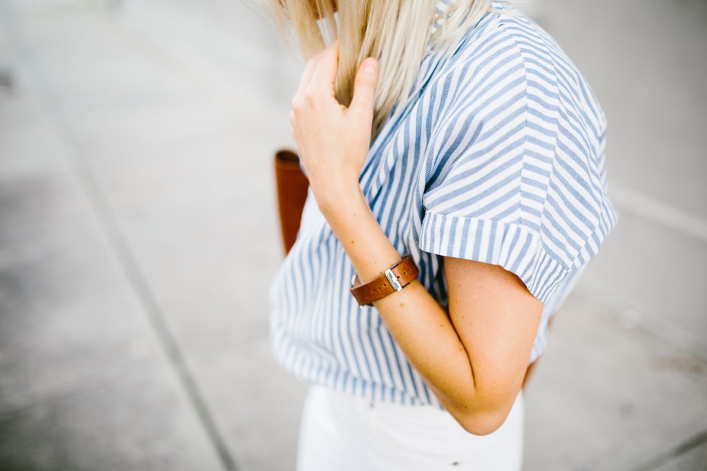 Madewell Denim Rules White high riser skinny jeans thrifted grey oversized coat central stripe chambray short sleeve top tan suede ankle boots daniel wellington watch Spring 2016 // Charleston Fashion Blogger Dannon Almost Happening