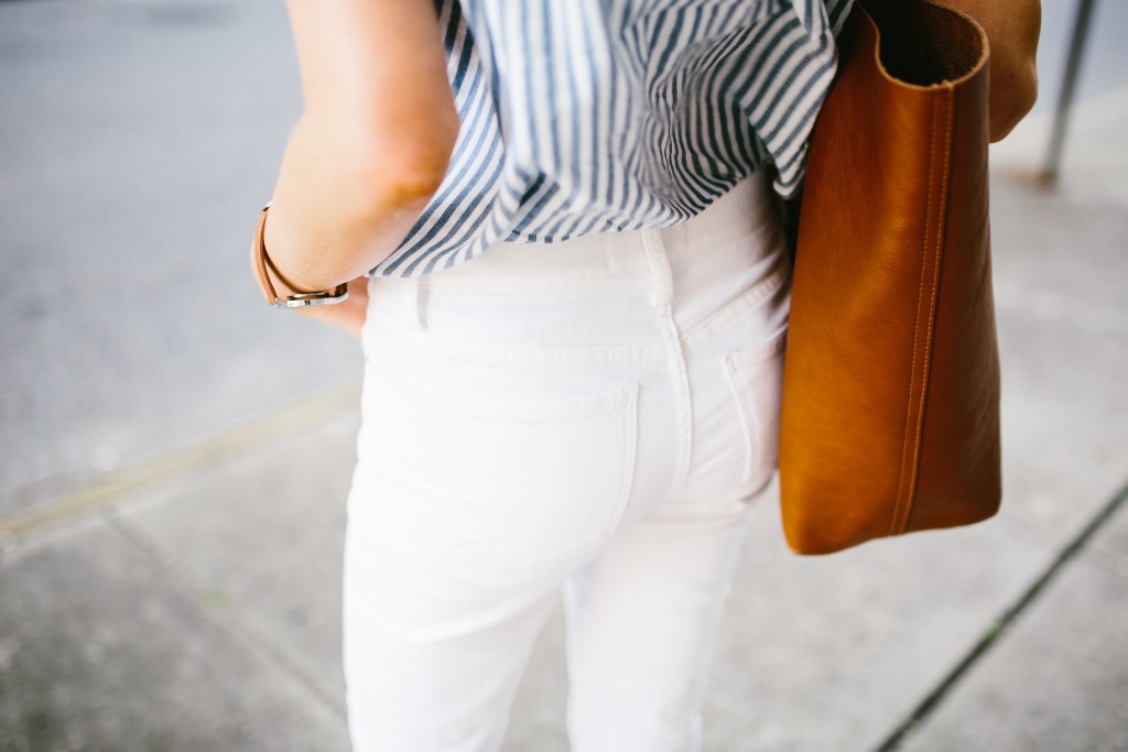 Madewell Denim Rules White high riser skinny jeans thrifted grey oversized coat central stripe chambray short sleeve top tan suede ankle boots daniel wellington watch Spring 2016 // Charleston Fashion Blogger Dannon Almost Happening