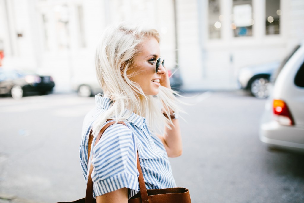 Madewell Denim Rules White high riser skinny jeans thrifted grey oversized coat central stripe chambray short sleeve top tan suede ankle boots daniel wellington watch Spring 2016 // Charleston Fashion Blogger Dannon Almost Happening