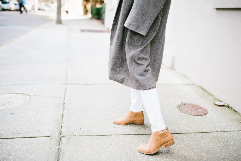 Madewell Denim Rules White high riser skinny jeans thrifted grey oversized coat central stripe chambray short sleeve top tan suede ankle boots daniel wellington watch Spring 2016 // Charleston Fashion Blogger Dannon Almost Happening