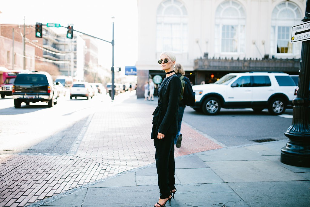 CFW Day 1 Charleston Fashion Week 2016 Street style Too Damn Expensive jacket + Harem pants H&M Black lace bodysuit Velvet Choker // Charleston Fashion Blogger Dannon Almost Happening
