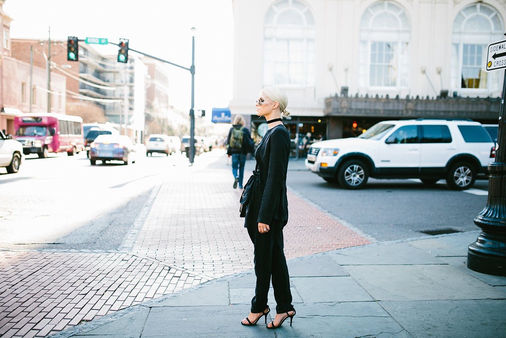 CFW Day 1 Charleston Fashion Week 2016 Street style Too Damn Expensive jacket + Harem pants H&M Black lace bodysuit Velvet Choker // Charleston Fashion Blogger Dannon Almost Happening