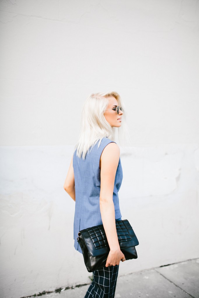 CFW Day 2 Banana Republic Charleston Fashion Week 2016 Street style Chambray lightweight wool vest lamoda 101 grid trousers H&M croc oxfords // Charleston Fashion Blogger Dannon Almost Happening