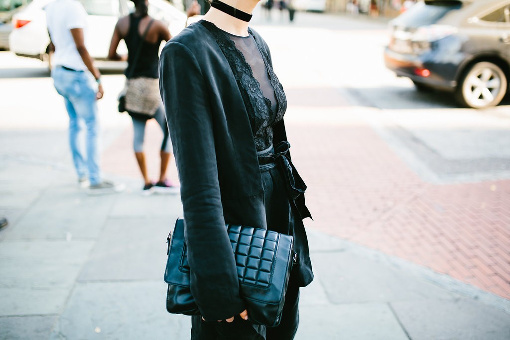 CFW Day 1 Charleston Fashion Week 2016 Street style Too Damn Expensive jacket + Harem pants H&M Black lace bodysuit Velvet Choker // Charleston Fashion Blogger Dannon Almost Happening