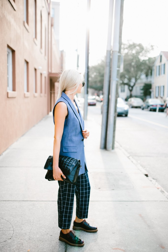 CFW Day 2 Banana Republic Charleston Fashion Week 2016 Street style Chambray lightweight wool vest lamoda 101 grid trousers H&M croc oxfords // Charleston Fashion Blogger Dannon Almost Happening