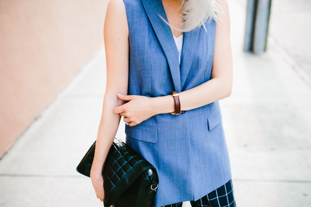 CFW Day 2 Banana Republic Charleston Fashion Week 2016 Street style Chambray lightweight wool vest lamoda 101 grid trousers H&M croc oxfords // Charleston Fashion Blogger Dannon Almost Happening