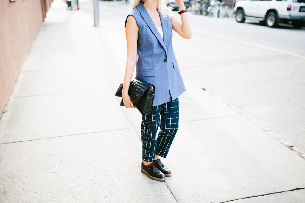 CFW Day 2 Banana Republic Charleston Fashion Week 2016 Street style Chambray lightweight wool vest lamoda 101 grid trousers H&M croc oxfords // Charleston Fashion Blogger Dannon Almost Happening
