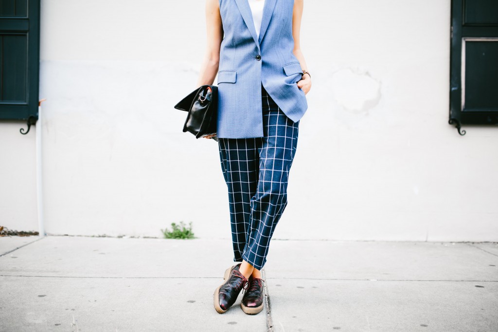 CFW Day 2 Banana Republic Charleston Fashion Week 2016 Street style Chambray lightweight wool vest lamoda 101 grid trousers H&M croc oxfords // Charleston Fashion Blogger Dannon Almost Happening