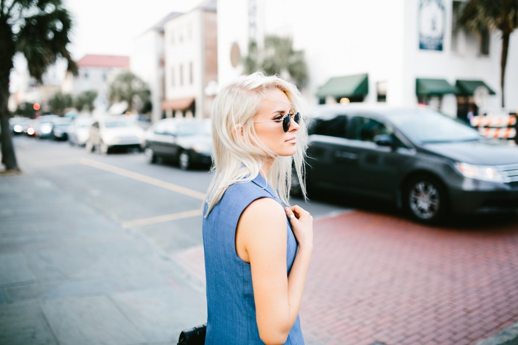 CFW Day 2 Banana Republic Charleston Fashion Week 2016 Street style Chambray lightweight wool vest lamoda 101 grid trousers H&M croc oxfords // Charleston Fashion Blogger Dannon Almost Happening