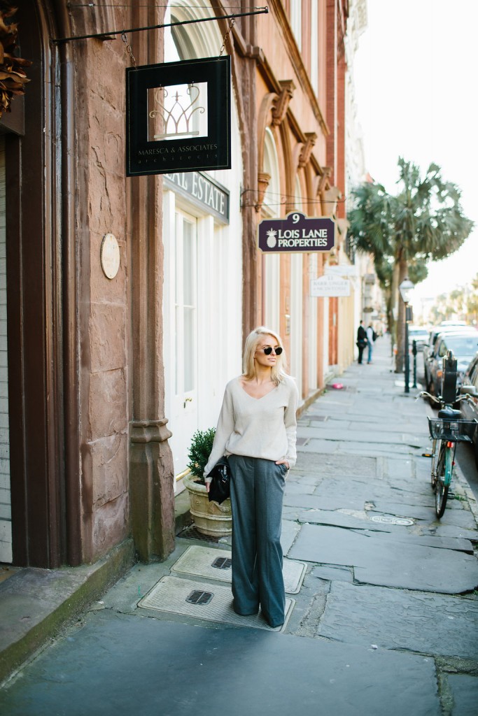 Loose Fits H&M grey high waist wool wide leg pants v-neck cream sweater white pointed loafers // Charleston Fashion Blogger Dannon Almost Happening