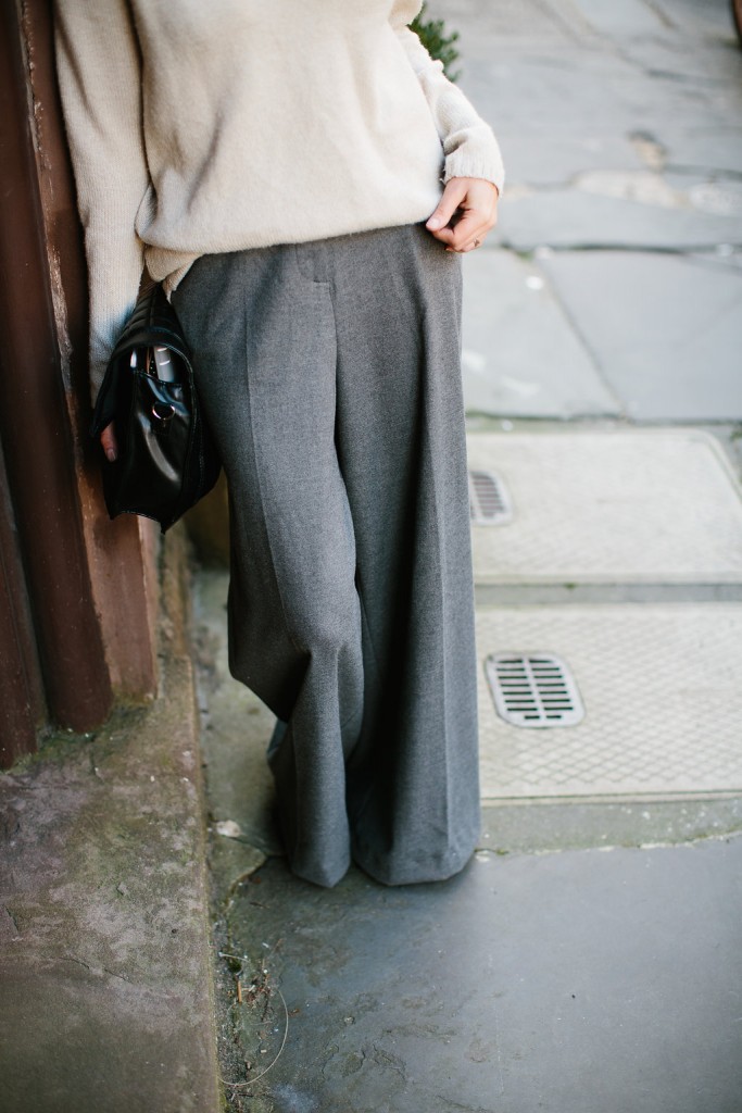 Loose Fits H&M grey high waist wool wide leg pants v-neck cream sweater white pointed loafers // Charleston Fashion Blogger Dannon Almost Happening