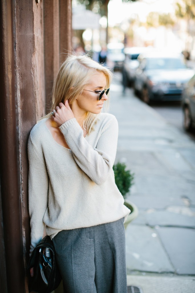 Loose Fits H&M grey high waist wool wide leg pants v-neck cream sweater white pointed loafers // Charleston Fashion Blogger Dannon Almost Happening