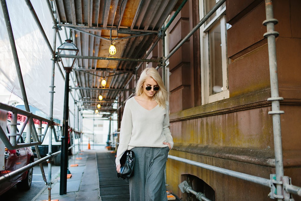 Loose Fits H&M grey high waist wool wide leg pants v-neck cream sweater white pointed loafers // Charleston Fashion Blogger Dannon Almost Happening