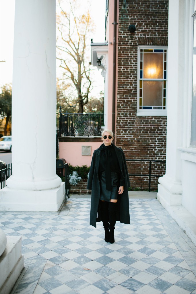 Lamoda 101 Faux Crocodile Moto Skirt leather wrap over-the-knee boots long sleeve blouse skinny scarf long coat // Charleston Fashion Blogger Dannon Almost Happening