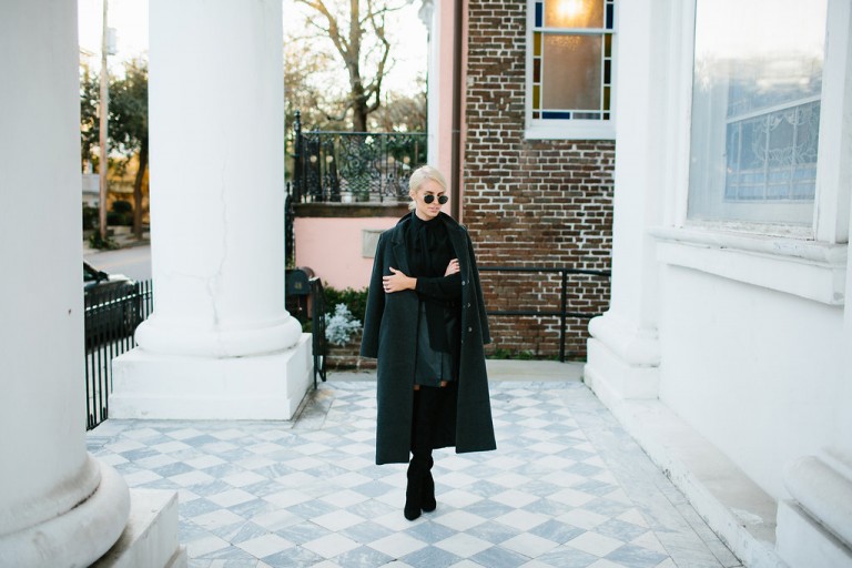 Lamoda 101 Faux Crocodile Moto Skirt leather wrap over-the-knee boots long sleeve blouse skinny scarf long coat // Charleston Fashion Blogger Dannon Almost Happening