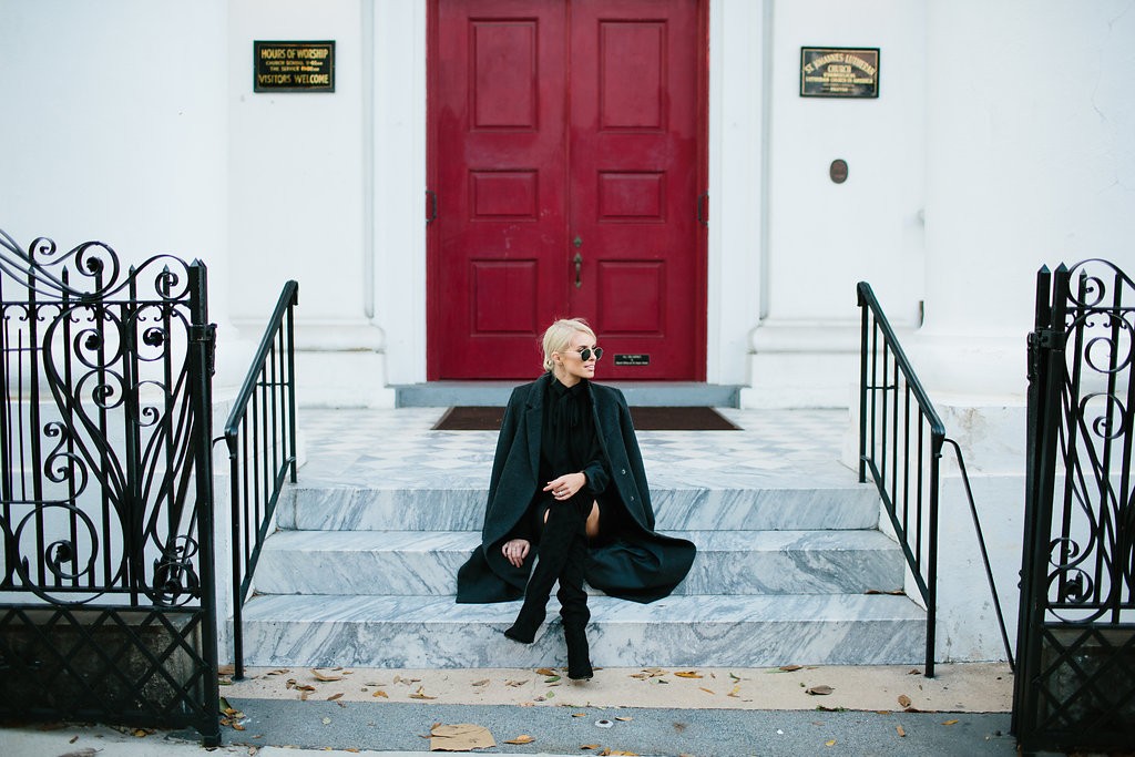 Lamoda 101 Faux Crocodile Moto Skirt leather wrap over-the-knee boots long sleeve blouse skinny scarf long coat // Charleston Fashion Blogger Dannon Almost Happening